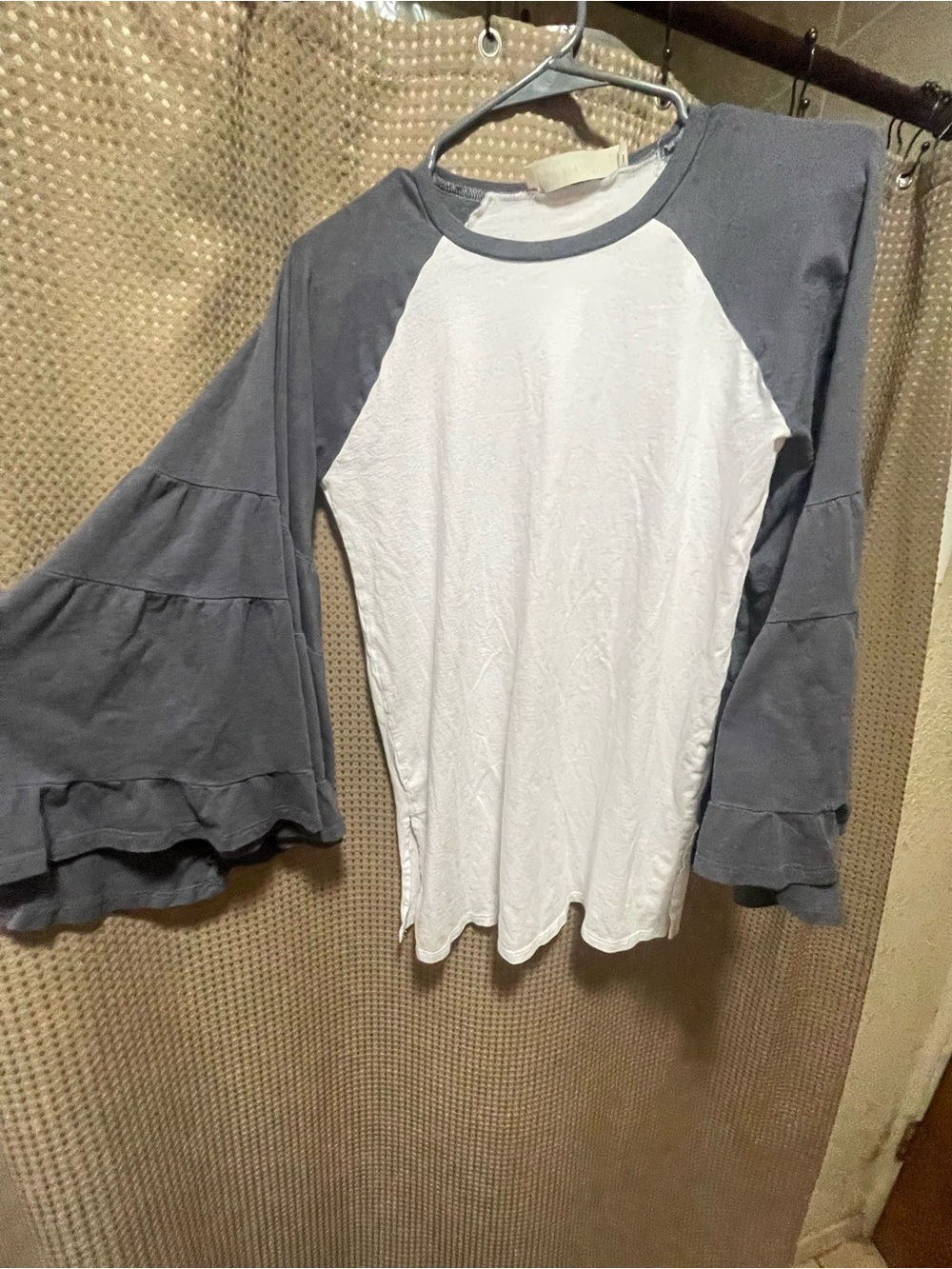 Three Bird Nest White Body with Charcoal Tiered Bell Sleeve Raglan Top